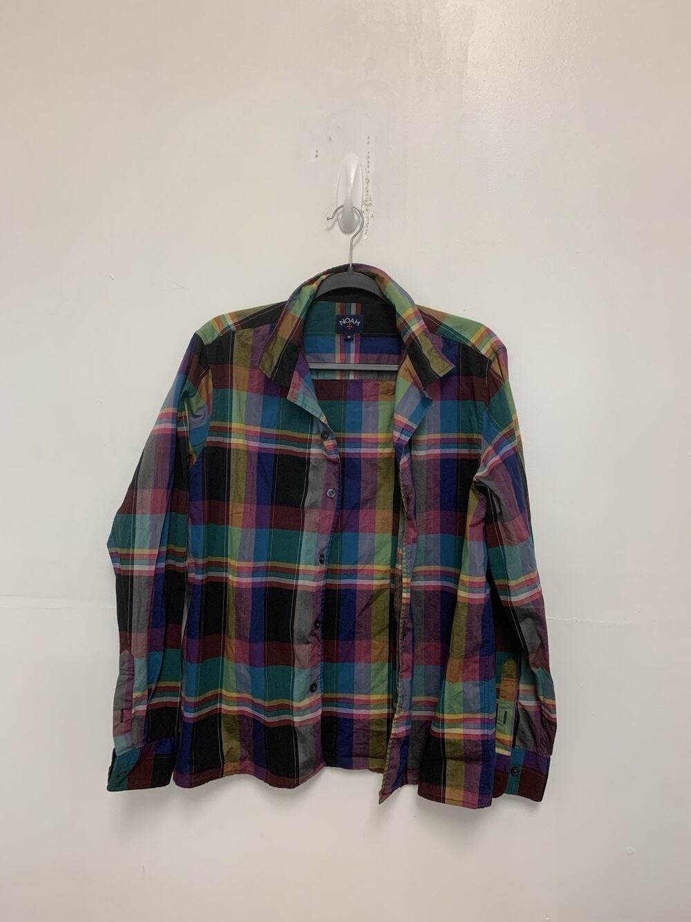 Noah Madras Cotton Dress Shirt Camp Collar Made In Portugal Size Medium